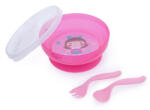Canpol babies Csúszásmentes műanyag tál fedéllel és evőeszközökkel 350 ml (9h+) - Rózsaszín