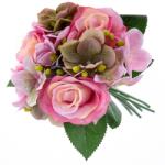 4-Home Buchet flori artificiale, Trandafiri cu hortensii, roz închis