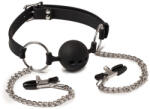 Rimba Latex Play Mouthgag with Ball and Nipple Clamps Black