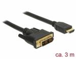 Delock Kábel DVI 18+1 csatlakozódugóval > HDMI-A csatlakozódugóval, 3 m, fekete (85585) - dellaprint