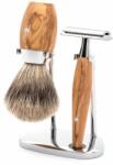 MÜHLE Kosmo borotválkozó szett - állvány, nyitott fejű borotva, fine badger pamacs - olívafa