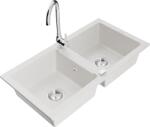 Mexen Mario, 2 kamrás gránit mosogató 88x44 cm konyhai csapteleppel Telma, fehér, 6504-20-670200-00 (6504-20-670200-00)