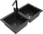Mexen Mario, gránit mosogató 820x436x161 mm, 2 kamrás, fekete-ezüst metál fekete szifonnal és fekete Rita mosogató csapteleppel, 6504-73-670300-70-B (6504-73-670300-70-B)
