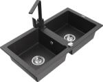 Mexen Mario, gránit mosogató 820x436x161 mm, 2 kamrás, fekete foltos króm szifonnal és fekete Rita mosogató csaptelep, 6504-76-670300-76 (6504-76-670300-76)