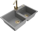 Mexen Tomas, gránit mosogató 800x500x190 mm, 2 kamrás és arany csaptelep Rita, szürke, 6516-71-670300-50 (6516-71-670300-50)