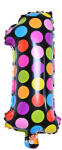  Számos lufi 14" (35cm) fólia szám, számjegy 1-es, csak levegővel tölthető, Fekete alapon-színes pöttyös (LUFI666228)