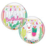 Qualatex Szülinapi Bubbles lufi 22" 56cm Happy Birthday, Láma (LUFI614542)