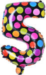  Számos lufi 14" (35cm) fólia szám, számjegy 5-ös, csak levegővel tölthető, Fekete alapon-színes pöttyös (LUFI219247)