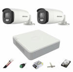 Hikvision Sistem de supraveghere 2 camere ColorVU Hikvision 5MP, lumina alba 40m, 2.8mm, DVR 4 canale, Accesorii montaj, hard disk 1TB (35973-)