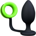 Ouch! Dop Anal cu Inel Penis Glow in the Dark, 9.8 cm, Verde Neon/Negru Inel pentru penis