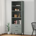 vidaXL Bibliotecă cu 2 sertare OSLO, gri, 60x35x180 cm, lemn masiv (351007) Biblioteca