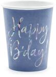 PartyDeco Papír pohár Happy B'day csillámos feliratú kék 2, 2 dl, 6 db/csomag