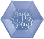 PartyDeco Papír tányér Hatszögletű Happy B'day csillámló feliratú kék 20 cm, 6 db/csomag