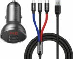 Baseus Digital 2x USB autós töltő + 3in1 kábel USB - UBS C / Micro USB / Lightning 1.2m, fekete