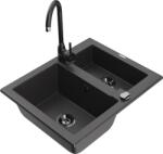Mexen Carlos, gránit mosogató 582x475x177 mm, 1, 5 kamrás és Telma fekete mosogató csaptelep, fekete foltos, 6518-76-670200-70-B (6518-76-670200-70-B)
