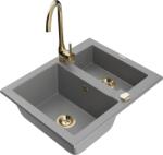 Mexen Carlos, gránit mosogató 582x475x177 mm, 1, 5 kamrás és Telma arany mosogató csaptelep, szürke, 6518-71-670200-50 (6518-71-670200-50)