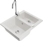 Mexen Carlos, gránit mosogató 582x475x177 mm, 1, 5 kamrás és Telma króm mosogató csaptelep, fehér, 6518-20-670200-00 (6518-20-670200-00)