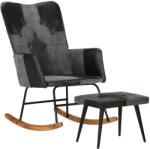 vidaXL Scaun balansoar cu taburet, negru, piele naturală și pânză (339710) Balansoar