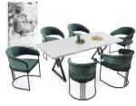 BYS Alya Elit étkezőasztal fehér marmo MDF lappal, fekete fém lábakkal 92x200 cm és 6 db Alya székkel