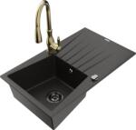 Mexen Cesar, 1 kamrás gránit mosogató 775x470x190 mm és Savita mosogató csaptelep, fekete-arany metál, 6514-75-672601-50-B (6514-75-672601-50-B)