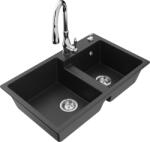 Mexen Tomas, gránit mosogató 800x500x190 mm, 2 kamrás és Savita mosogató csaptelep, fekete-ezüst metál, 6516-73-672601-00 (6516-73-672601-00)