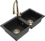 Mexen Mario, 2-kamrás gránit mosogató 820x436x161 mm és Savita mosogató csaptelep, fekete-ezüst metál, 6504-73-672601-50 (6504-73-672601-50)