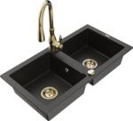 Mexen Mario, 2 kamrás gránit mosogató 820x436x161 mm és Savita mosogató csaptelep, fekete-arany metál, 6504-75-672601-50 (6504-75-672601-50)