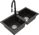Mexen Mario, 2-kamrás gránit mosogató 820x436x161 mm és Savita mosogató csaptelep, fekete-arany metál, 6504-75-672601-70 (6504-75-672601-70)