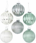  Exkluzív üveg karácsonyfadísz gömb, halványzöld, sötétszürke és ezüst színű, fényes, 8cm, 6db