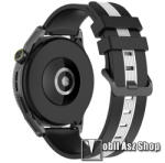  Okosóra szíj - szilikon, csíkos textúra - FEKETE / FEHÉR - 89mm + 128mm hosszú, 22mm széles - SAMSUNG Galaxy Watch 46mm / Watch GT2 46mm / Watch GT 2e / Galaxy Watch3 45mm / Honor MagicWatch 2 46mm