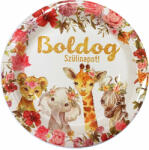  Boldog szülinapot állatos-virágos papír tányér 23cm, 6db-os