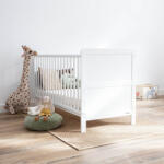 Woodies Safe Dreams Patut din lemn masiv, transformabil pentru bebe si junior, clasic alb + saltea cocos 140 x 70 cm