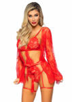 Leg Avenue Teddy, Lace Robe & Ribbon Tie Red M