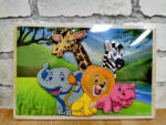  Puzzle incastru din lemn in relief animalute vesele elefant, girafa, leu, zebra, hipopotam (101557)
