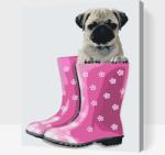  Festés számok szerint - Mopsz gumicsizmában Méret: 30x40cm, Keretezés: Keret nélkül (csak a vászon)