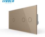 LIVOLO Intrerupator simplu cap / scara + dublu cap / scara, generatia noua, cu panou sticla Auriu (VL-FC1S-FC2S-P701/02-4AP)