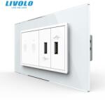 LIVOLO Intrerupator tactil dublu + priza dubla USB, 4M, cu rama sticla Alb (VL-FC2-2FCUS-2WP-P9E)