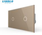 LIVOLO Intrerupator simplu cap / scara + simplu cap / scara, generatia noua, cu panou sticla Auriu (VL-FC1S-FC1S-P701/01-4AP)