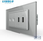 LIVOLO Intrerupator tactil dublu cap scara / cruce control telecomanda RF + priza dubla USB, 4M, cu rama sticla Gri (VL-FC2SR-2FCUS-2IP-P9E)