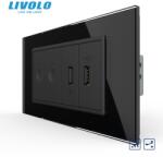 LIVOLO Intrerupator tactil dublu cap scara / cruce control telecomanda RF + priza dubla USB, 4M, cu rama sticla Negru (VL-FC2SR-2FCUS-2BP-P9E)