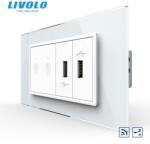 LIVOLO Intrerupator tactil dublu cap scara / cruce control telecomanda RF + priza dubla USB, 4M, cu rama sticla Alb (VL-FC2SR-2FCUS-2WP-P9E)