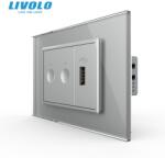 LIVOLO Intrerupator tactil dublu + priza USB, 3M, rama sticla Gri (VL-FC2-FCUS-2IP-P9E)
