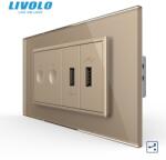 LIVOLO Intrerupator tactil dublu cap scara / cruce + priza dubla USB, 4M, cu rama sticla Auriu (VL-FC2S-2FCUS-2AP-P9E)