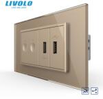 LIVOLO Intrerupator tactil dublu cap scara / cruce control telecomanda RF + priza dubla USB, 4M, cu rama sticla Auriu (VL-FC2SR-2FCUS-2AP-P9E)