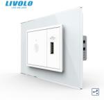 LIVOLO Intrerupator tactil simplu cap scara/ cruce + priza USB, 3M, rama sticla Alb (VL-FC1S-FCUS-2WP-P9E)