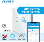 LIVOLO Intrerupator dublu tactil, cap scara / cap cruce, Protocol Zigbee, cu panou sticla, Generatia Noua Alb (VL-FC2SZ-2G-W)