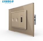 LIVOLO Intrerupator tactil dublu + priza USB, 3M, rama sticla Auriu (VL-FC2-FCUS-2AP-P9E)