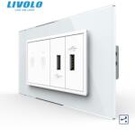 LIVOLO Intrerupator tactil dublu cap scara / cruce + priza dubla USB, 4M, cu rama sticla Alb (VL-FC2S-2FCUS-2WP-P9E)