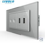 LIVOLO Intrerupator tactil dublu cap scara / cruce + priza dubla USB, 4M, cu rama sticla Gri (VL-FC2S-2FCUS-2IP-P9E)