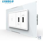 LIVOLO Intrerupator tactil simplu cap scara / cruce + priza dubla USB, 4M, cu rama sticla Alb (VL-FC1S-2FCUS-2WP-P9E)